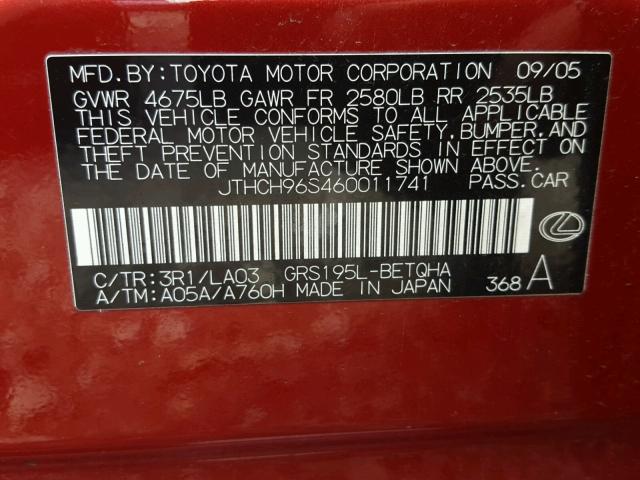 JTHCH96S460011741 - 2006 LEXUS GS GENERAT RED photo 10