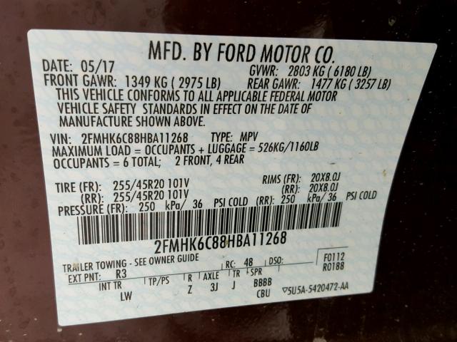 2FMHK6C88HBA11268 - 2017 FORD FLEX SEL ბურგუნდია ფოტო 10