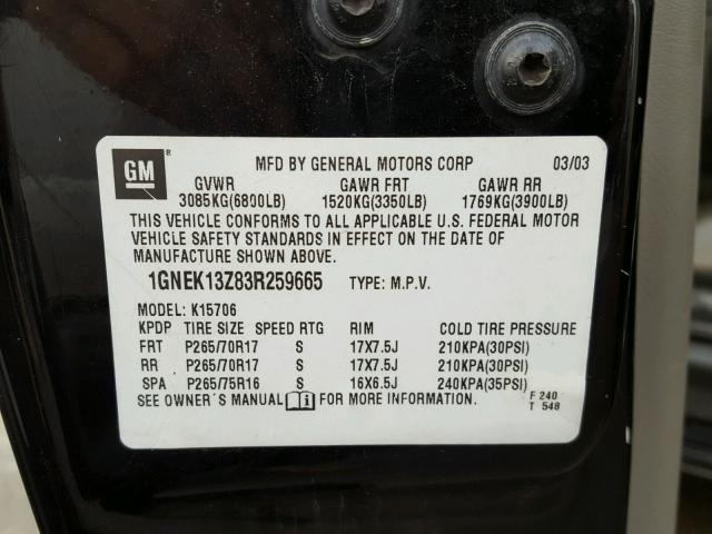 1GNEK13Z83R259665 - 2003 CHEVROLET TAHOE K150 BLACK photo 10