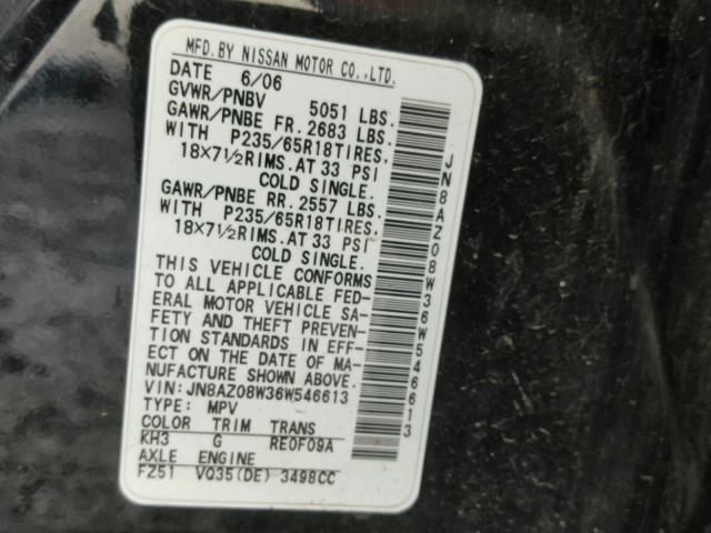 JN8AZ08W36W546613 - 2006 NISSAN MURANO SL BLACK photo 10