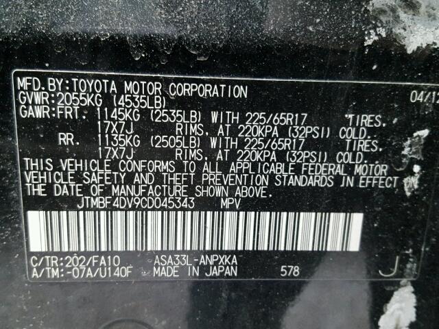 JTMBF4DV9CD045343 - 2012 TOYOTA RAV4 BLACK photo 10