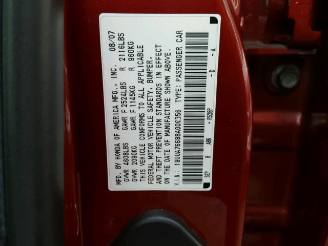 19UUA76698A006356 - 2008 ACURA TL TYPE S RED photo 10