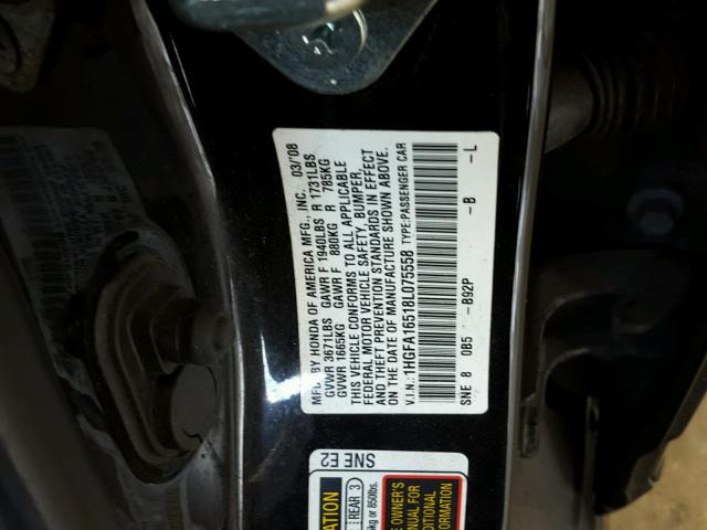 1HGFA16518L075558 - 2008 HONDA CIVIC LX BLACK photo 10