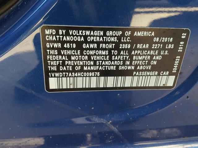 1VWDT7A34HC009575 - 2017 VOLKSWAGEN PASSAT R-L BLUE photo 10