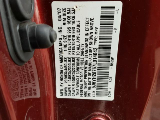 5J6YH28767L014643 - 2007 HONDA ELEMENT EX RED photo 10