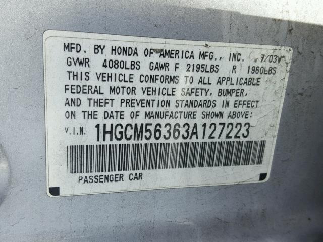 1HGCM56363A127223 - 2003 HONDA ACCORD LX SILVER photo 10