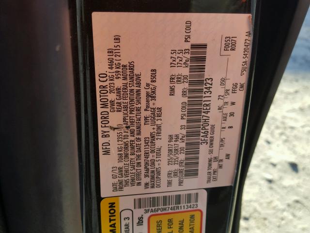 3FA6P0H74ER113423 - 2014 FORD FUSION SE BLACK photo 10