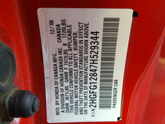 2HGFG12847H529344 - 2007 HONDA CIVIC EX RED photo 10