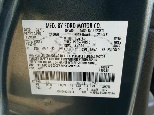 1FMCU9DG7AKC28754 - 2010 FORD ESCAPE XLT BLUE photo 10