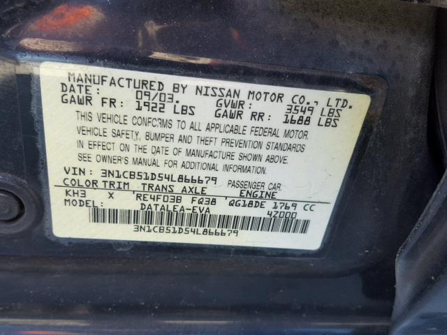 3N1CB51D54L866679 - 2004 NISSAN SENTRA 1.8 BLACK photo 10