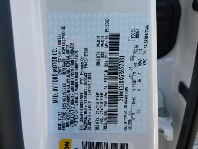 3LN6L2JKXGR627081 - 2016 LINCOLN MKZ Սպիտակ լուսանկար 10