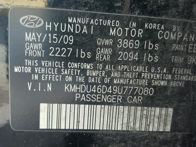 KMHDU46D49U777080 - 2009 HYUNDAI ELANTRA GL BLACK photo 10