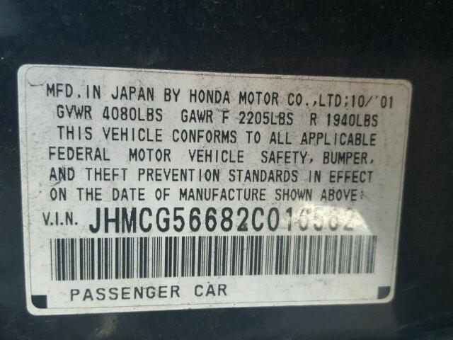 JHMCG56682C016562 - 2002 HONDA ACCORD EX BLACK photo 10