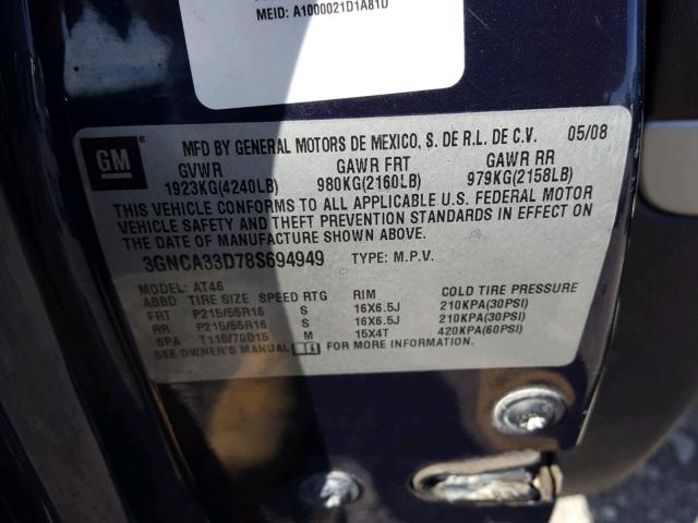 3GNCA33D78S694949 - 2008 CHEVROLET HHR LS Azul foto 10