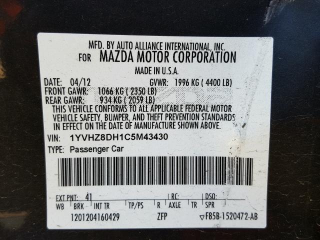 1YVHZ8DH1C5M43430 - 2012 MAZDA 6 I BLACK photo 10