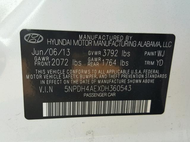 5NPDH4AEXDH360543 - 2013 HYUNDAI ELANTRA GL WHITE photo 10