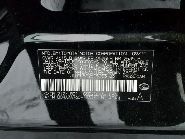 JTHCF5C26C5053183 - 2012 LEXUS IS 250 BLACK photo 10