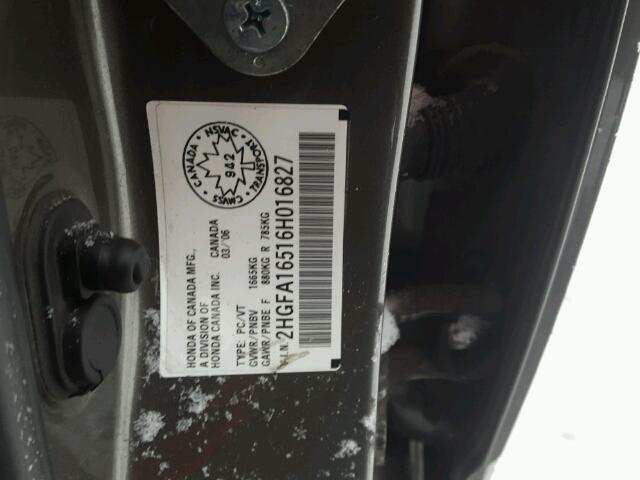 2HGFA16516H016827 - 2006 HONDA CIVIC LX GRAY photo 10