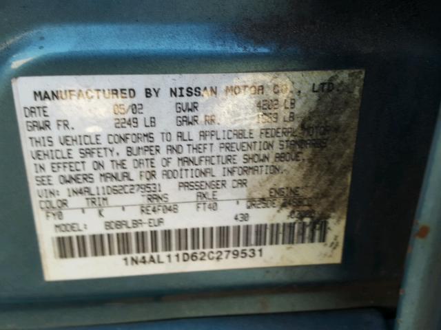 1N4AL11D62C279531 - 2002 NISSAN ALTIMA BAS GREEN photo 10