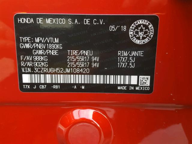 3CZRU6H52JM108420 - 2018 HONDA HR-V EX RED photo 10