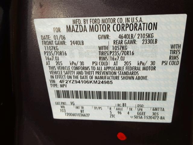 4F2YZ94106KM24985 - 2006 MAZDA TRIBUTE S BLUE photo 10