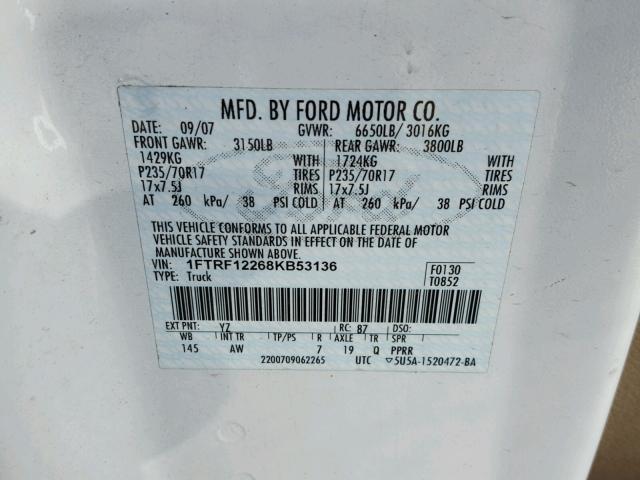 1FTRF12268KB53136 - 2008 FORD F150 WHITE photo 10