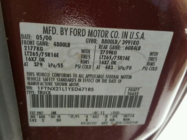 1FTNX21L1YED67185 - 2000 FORD F250 SUPER MAROON photo 10