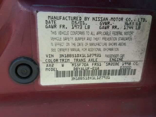 3N1BB51DX1L127931 - 2001 NISSAN SENTRA SE RED photo 10