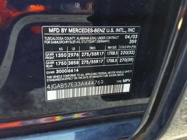 4JGAB57E33A444769 - 2003 MERCEDES-BENZ ML 350 BLUE photo 10