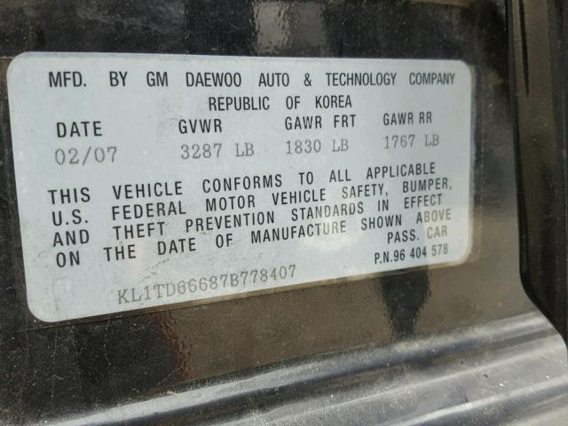 KL1TD66687B778407 - 2007 CHEVROLET AVEO BASE Қара фото 10