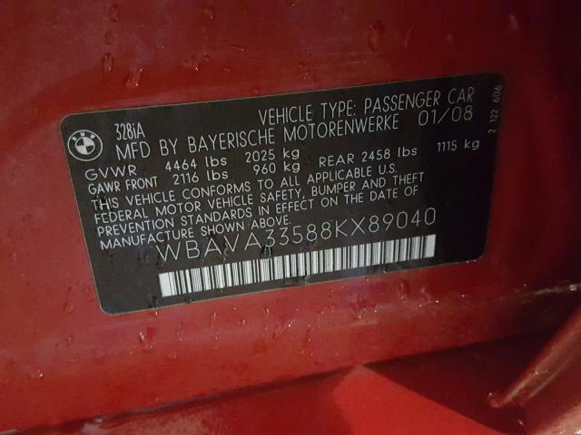 WBAVA33588KX89040 - 2008 BMW 328 I RED photo 10