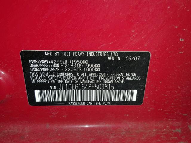 JF1GE61648H503815 - 2008 SUBARU IMPREZA 2. RED photo 10