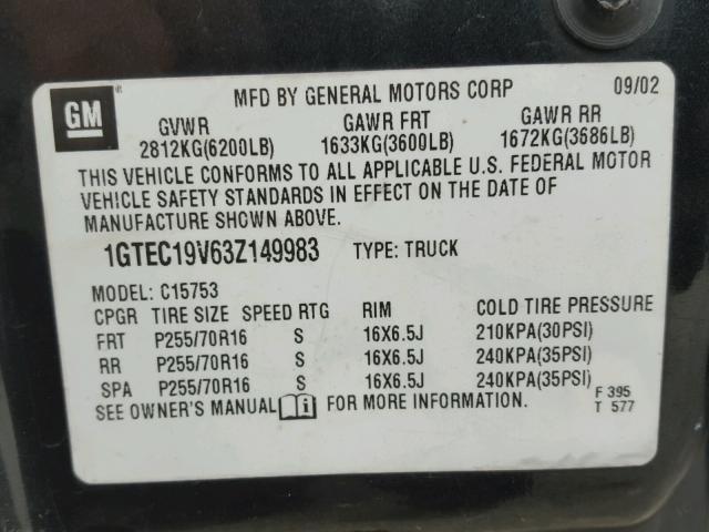 1GTEC19V63Z149983 - 2003 GMC NEW SIERRA CHARCOAL photo 10