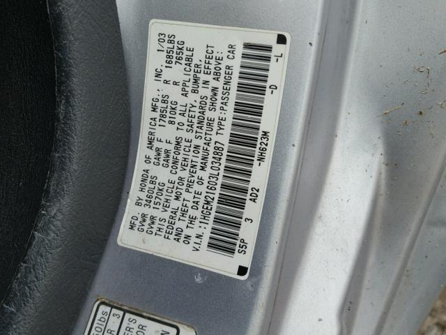 1HGEM21603L034887 - 2003 HONDA CIVIC LX SILVER photo 10