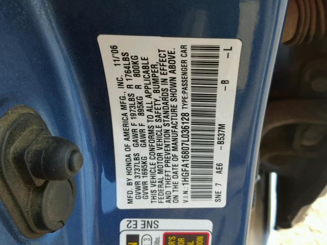 1HGFA16807L036128 - 2007 HONDA CIVIC EX BLUE photo 10