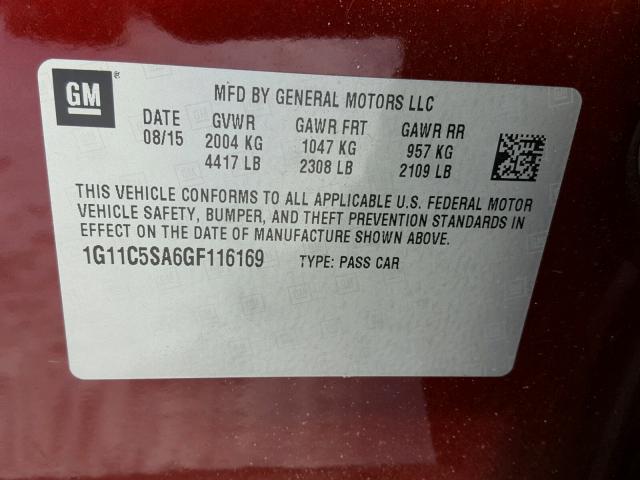 1G11C5SA6GF116169 - 2016 CHEVROLET MALIBU LIM BURGUNDY photo 10