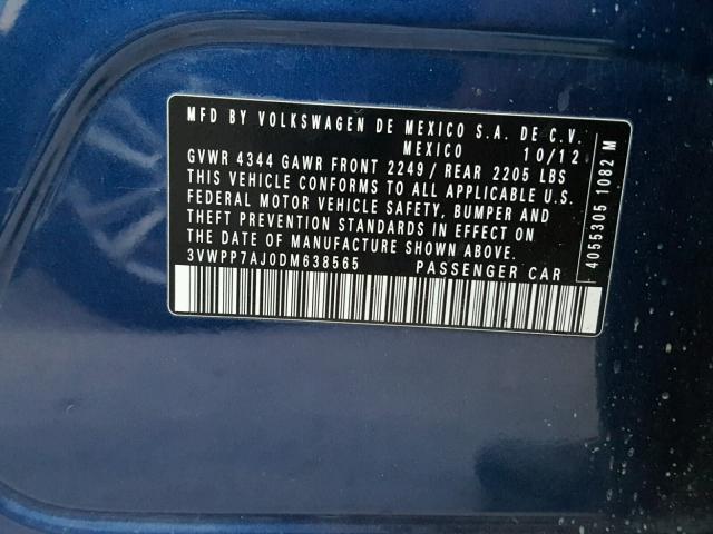3VWPP7AJ0DM638565 - 2013 VOLKSWAGEN JETTA S Mavi foto 10