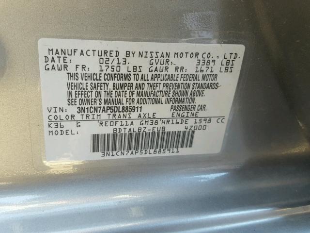 3N1CN7AP5DL885911 - 2013 NISSAN VERSA S GRAY photo 10