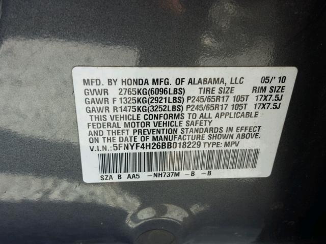 5FNYF4H26BB018229 - 2011 HONDA PILOT LX CHARCOAL photo 10