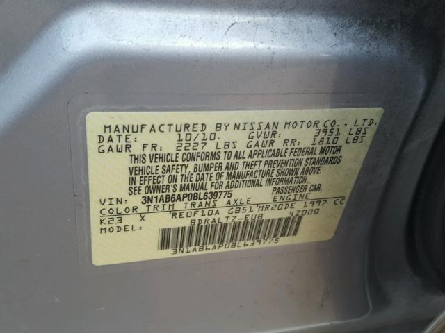 3N1AB6AP0BL639775 - 2011 NISSAN SENTRA 2.0 SILVER photo 10