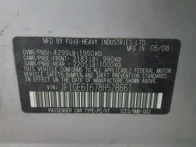 JF1GE61678H528661 - 2008 SUBARU IMPREZA 2. SILVER photo 10