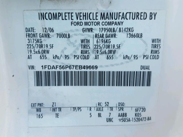 1FDAF56P67EB49669 - 2007 FORD F550 SUPER WHITE photo 10