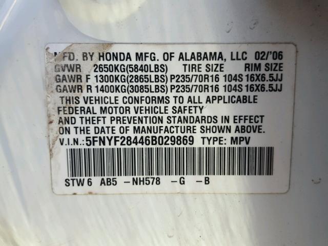 5FNYF28446B029869 - 2006 HONDA PILOT EX WHITE photo 10