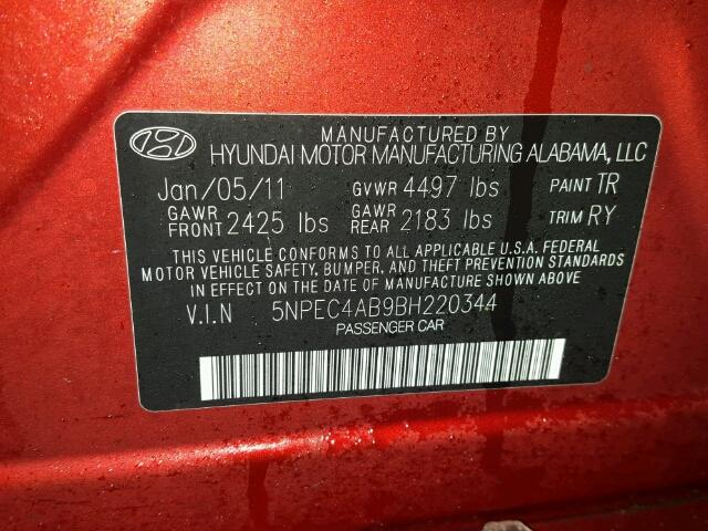 5NPEC4AB9BH220344 - 2011 HYUNDAI SONATA SE RED photo 10