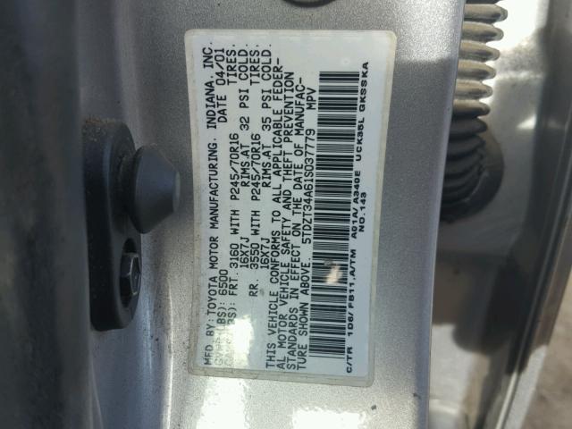 5TDZT34A61S037779 - 2001 TOYOTA SEQUOIA SR SILVER photo 10