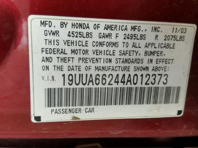 19UUA66244A012373 - 2004 ACURA TL RED photo 10