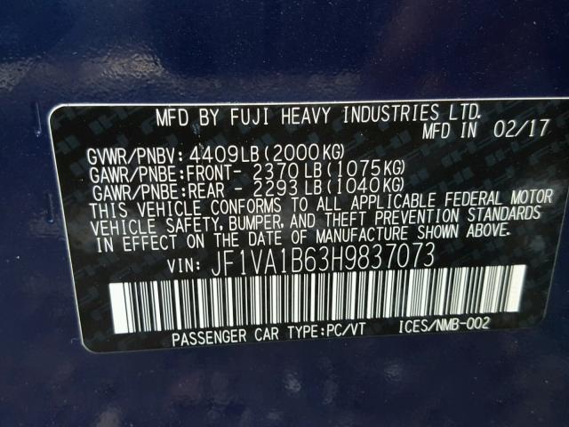 JF1VA1B63H9837073 - 2017 SUBARU WRX BLUE photo 10