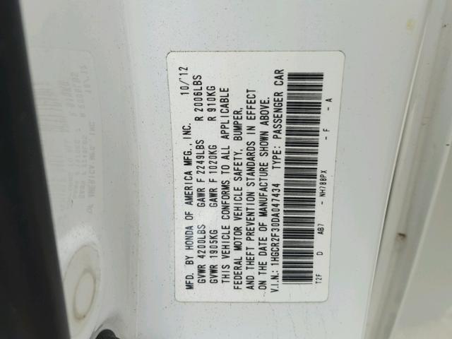 1HGCR2F30DA047434 - 2013 HONDA ACCORD LX WHITE photo 10