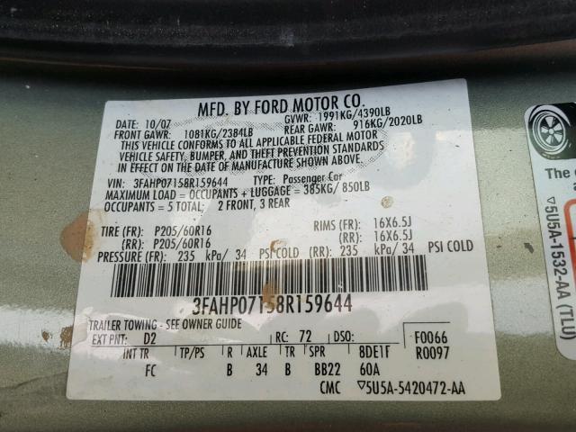 3FAHP07158R159644 - 2008 FORD FUSION SE GREEN photo 10