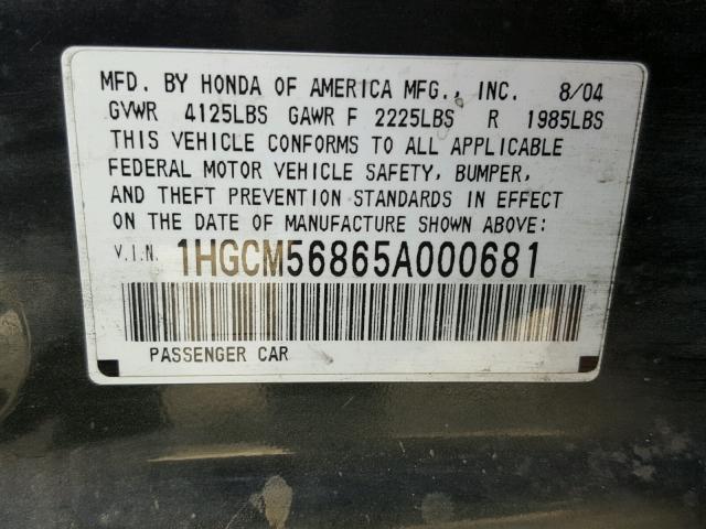 1HGCM56865A000681 - 2005 HONDA ACCORD EX GREEN photo 10